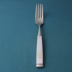 May include: A silver fork with a fluted handle on a teal blue background.