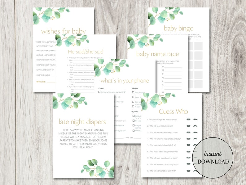 Printable Baby Shower Games Greenery Baby Shower Games Baby Etsy