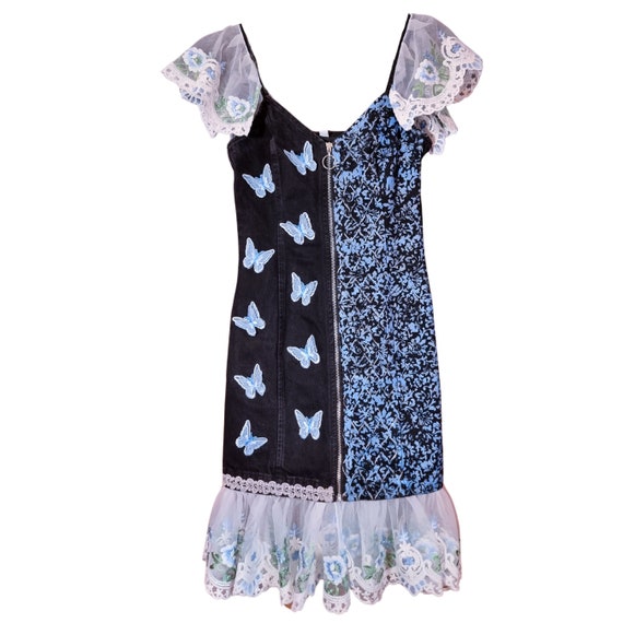 denim dress with butterfly REDValentino Butterfly Intarsia Denim Midi Dress