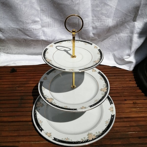 blue/pink three tier cake stand with gold trim