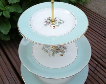 Vintage Strawberry Fair three tier cake stand with gold trim