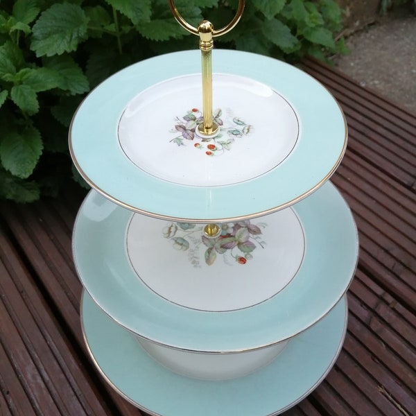 Vintage Strawberry Fair three tier cake stand with gold trim