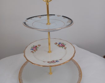 Mismatch three tier cake stand with gold trim