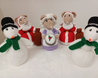 Hand knitted Dickensian Christmas mice