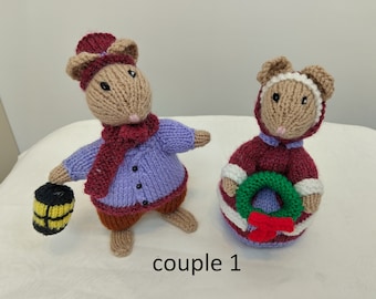 Hand knitted Dickensian male and female Christmas mouse couples