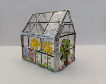 Fused glass summer greenhouse tealight holder