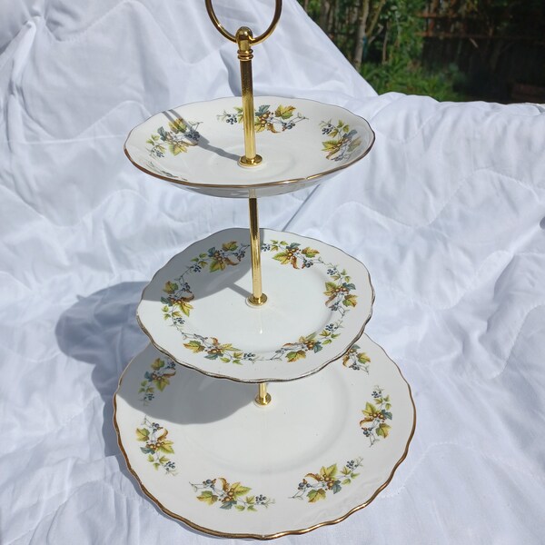 Berries and leaves three tier cake stand with gold trim