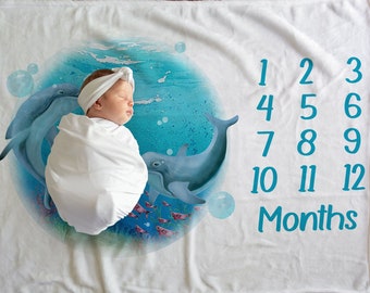 Ocean Dolphins Baby Milestone Blanket Neutral 30x40 baby milestone blanket girl baby monthly milestone blanket ocean baby boy blanket