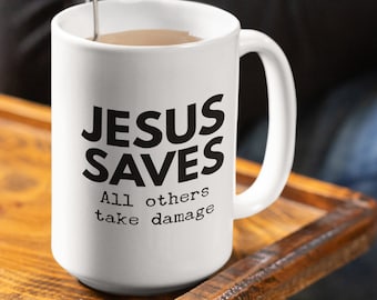 DnD Jesús salva taza Todos los demás toman daño 11oz 15oz novedad regalo dnd jesus salva taza d&d taza mazmorras dragones taza de dragón de mazmorras taza de juego