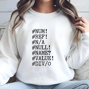 May include: White sweatshirt with black text. The text includes error messages such as #NUM!, #REF!, #N/A, #NULL!, #NAME?, #VALUE!, and #DIV/0. The sweatshirt is a casual style.