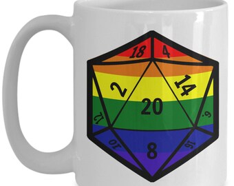 Rainbow d20 mug 11oz 15oz novelty gift gay dungeons and dragons mug rainbow dd mug rainbow d and d mug coffee cup