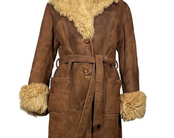Vintage suede leather true deep vintage 70s woodstock shearling vege fur winter beautiful winter shearling coat with belt_