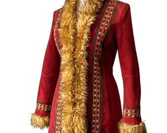 Penny Lane 70s red vintage 70s suede leather & faux fur embroidered coat. Boho hippie coat. Almost Famous Coat. Hippie Afghan coat. Size S