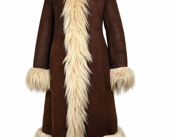Extremely Rare 1970's Museum Worthy Dramatic Fur Shearling Sheepskin Afghan Coat. Sheep Fur Hippie Folklore Bohemian Trophy Size M_