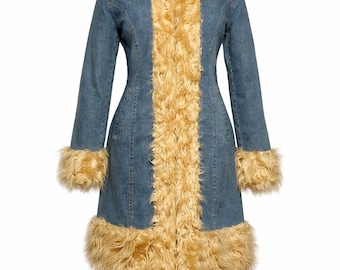 Vintage Y2k Insulated Denim Coat Penny Lane Collar Faux Fur Trench
