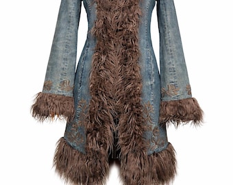 THE ULTIMATE shaggy jeans & faux fur vegan Penny Lane 70s style coat. Almost Famous vibes. Afghan y2k coat. Faux fur denim jacket. Size S