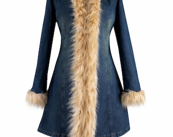 Vintage Denim Coat with faux fur Hippie Afghan Coat Faux Woodstock Bohemian y2k 70s Penny Lane inspired_
