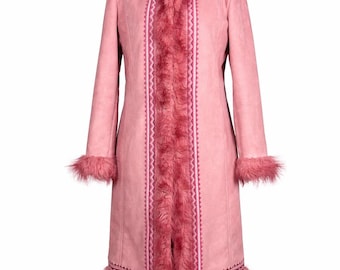 Magical 70s style Afghan Hippie Vegan Coat. Penny Lane Pink Faux Fur with Embroidered Design & Hood. Size M