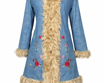 GROOVY VIBES ONLY! Shaggy Denim Cotton Vegan Fur Afghan Coat – 70s Woodstock Penny Lane & Daisy Jones Style, Size M!