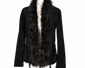 Rare Vintage Daisy Jones Inspired 70s style Afghan Jacket Black Suede with Luxurious Faux Fur Size Medium