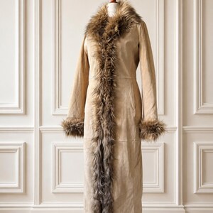 Vintage SO BEAUTIFUL Penny Lane 70s full long coat suede leather coat with dramatic vegan fur Size Small image 1
