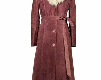 RARE Vintage 60s 70s burgundy suede coat with shaggy collar and belt – boho Penny Lane Daisy Jones style Size S/M