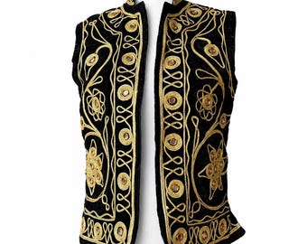 Vintage 70s Ottoman Luxury Afghan Velvet Vest with Gold Handmate Embroidery & Mirror Accents One of a Kind Hippie Treasure Ornate Waistcoat