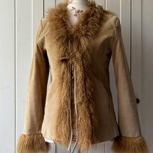 Vintage insane beautiful 60s 70s style suede leather & mongolian tibetan fur coat. PENNY LANE COAT. Mongolian lamb fur coat. Size M