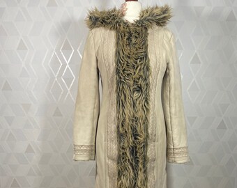Mongolian styled Faux Fur Coat Vegan Hairy Biege Vintage Embroidered Coat_