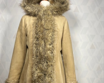 Boho Penny Lane coat with hood  Faux Fur 70s inspired Afghan Coat Vegan y2k Vintage Cute Embroidery Size 38/40_