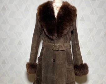 Vintage suede leather true deep vintage 70s woodstock shearling vege fur winter beautiful winter shearling coat with belt_