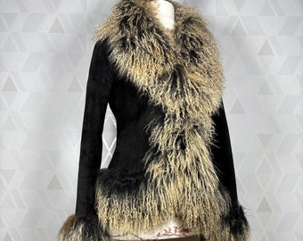 Exquisite & Rare 1990s Penny Lane Style Afghan Coat – Black Suede with Contrasting Mongolian Fur Size M