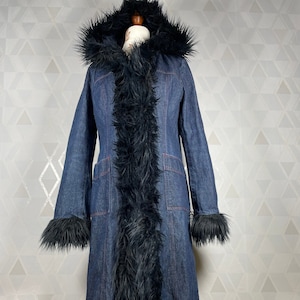 Groovy 70s Denim Afghan Inspired Hippie Penny Lane Coat. Fabulous Faux Fur Details!