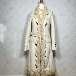 Vintage afghan hippie embroidered vegan coat. Penny Lane coat. Faux fur  coat with fembroidered design. Size M.