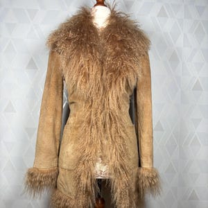 Vintage Suede Coat with Mongolian Fur Trim Boho Chic 70s  Penny Lane Style Size S