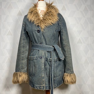 Vintage denim Coat with faux fur Hippie Afghan Coat Faux Woodstock Bohemian y2k 70s Penny Lane inspired Size M