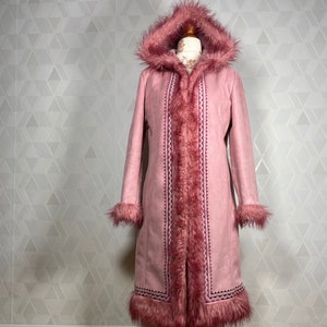 Magical 70s style Afghan Hippie Vegan Coat. Penny Lane Pink Faux Fur with Embroidered Design & Hood. Size M