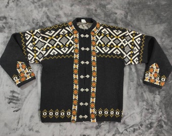Vintage Dirdalstrikk lana Cardigan Hippie escandinavo invierno negro suéter_