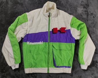 Vintage * Veste et gilet Kawasaki Hein Gericke 2 en 1 taille XL/L fabriqué en Italie vert blanc violet * Blouson de moto de bloc de couleur unique