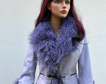Vintage Purple Geniue Leater Jacket with Mongolian Lamb Fur Penny Lane 90s Jacket Size Small