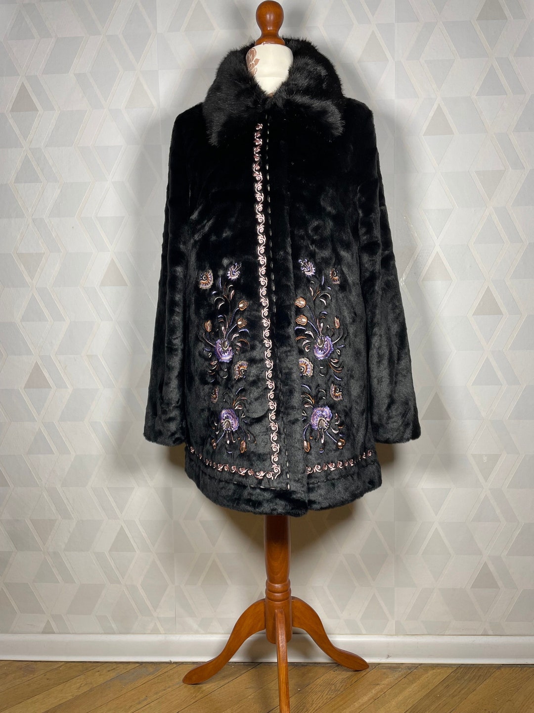 Vintage Embroidered Faux Fur Coat Vegan Hairy Black Vintage Winter