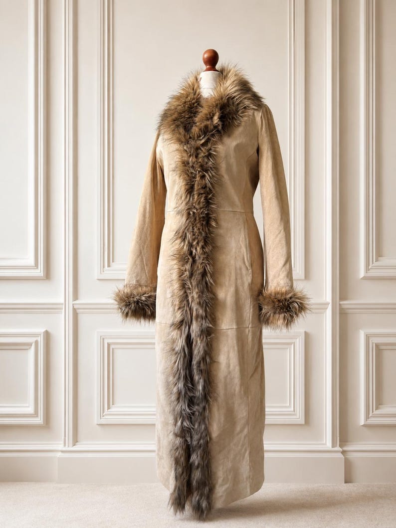 Vintage SO BEAUTIFUL Penny Lane 70s full long coat suede leather coat with dramatic vegan fur Size Small image 1