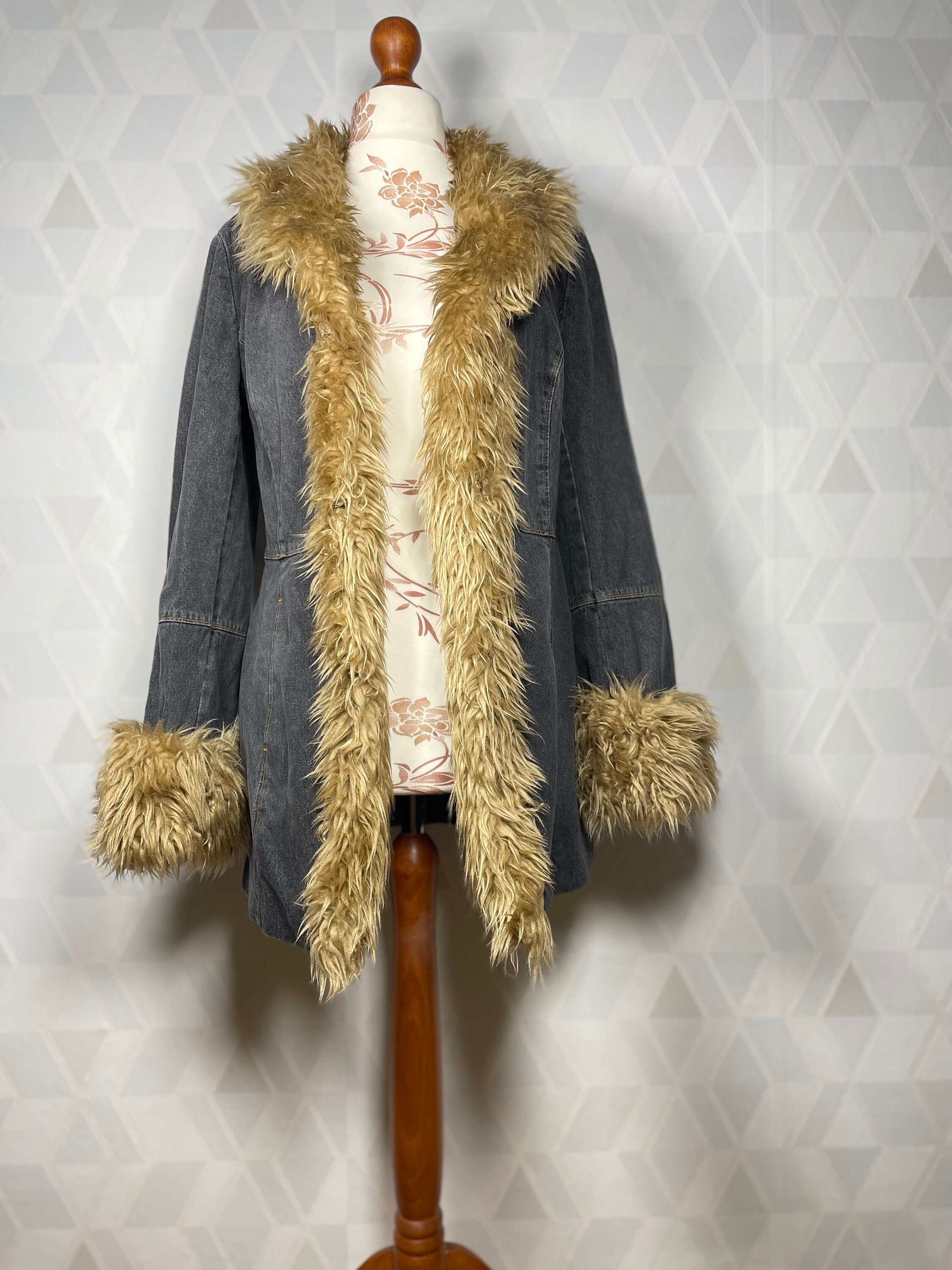 Vintage Denim Coat With Faux Fur Hippie Afghan Coat Faux Vintage Denim Coat With Faux Fur Hippie Afghan Coat Faux