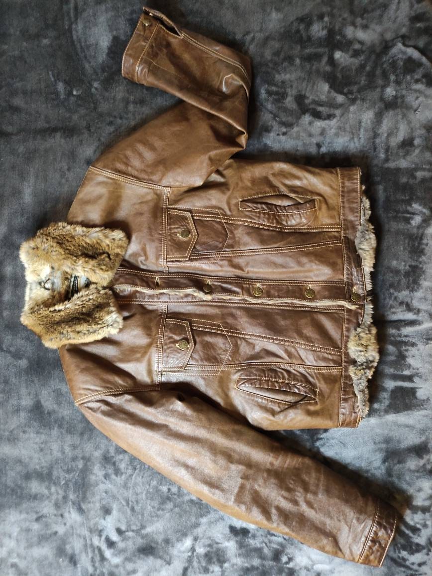 Vintage * Jacket Wild Cats Real Leather Rabit Fur Lining Size S - Etsy