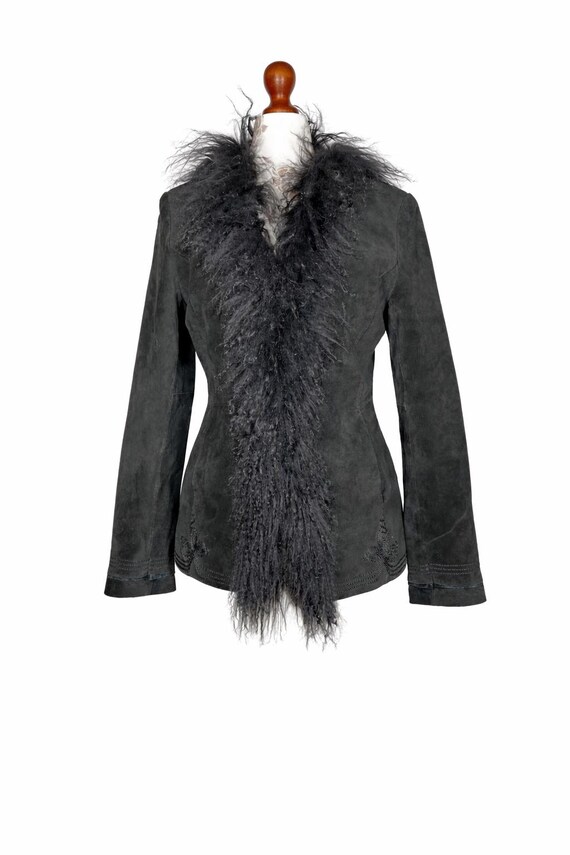 Vintage embroidered Penny Lane genuine suede leather & mongolian tibetan lamb fur hippie  coat so magical!_