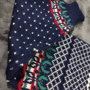 Puede incluir: Un su&eacute;ter de punto azul y blanco con un patr&oacute;n geom&eacute;trico verde y rojo. El su&eacute;ter tiene cuello alto y manga larga.