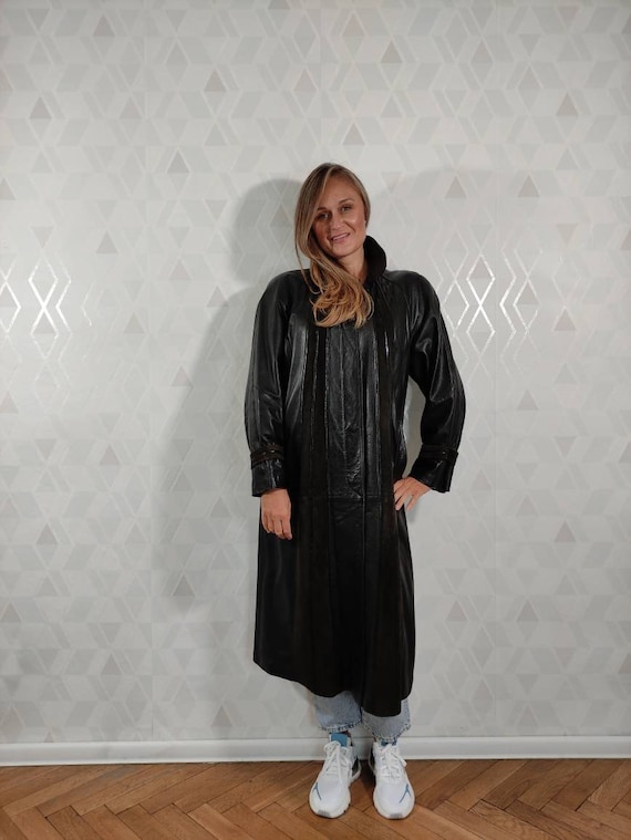 ジャケット・アウター SULLEN 80s Vintage Super Long Coat. Womens Leather Coat Trench Black Long SOFT Lambskin S-M-L