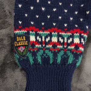 Puede incluir: Un su&eacute;ter de punto azul con un patr&oacute;n de corazones blancos y una banda con patr&oacute;n rojo, blanco y verde. El su&eacute;ter tiene una etiqueta que dice "DALE CLASSIC" con una bandera noruega.
