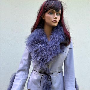Vintage violet génie leater veste avec fourrure d&#39;agneau mongol Penny Lane veste des années 90 petite taille