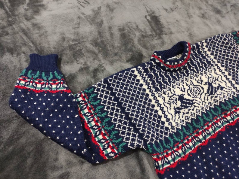 Puede incluir: Un su&eacute;ter de punto azul, blanco, verde y rojo con cuello alto.